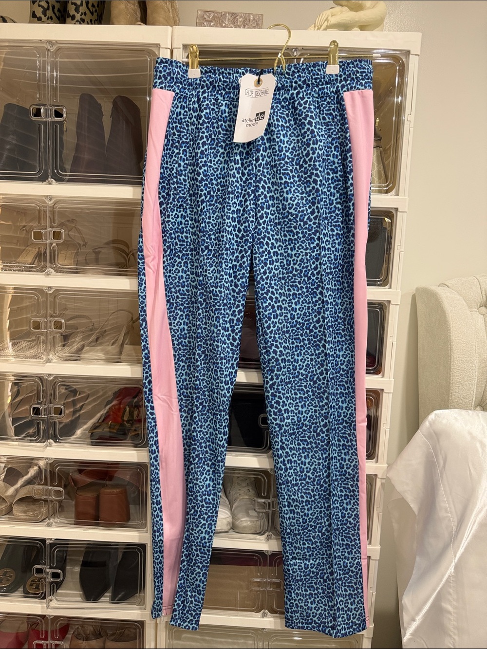 Blue Leopard-Print Joggers with Pink Side Panels